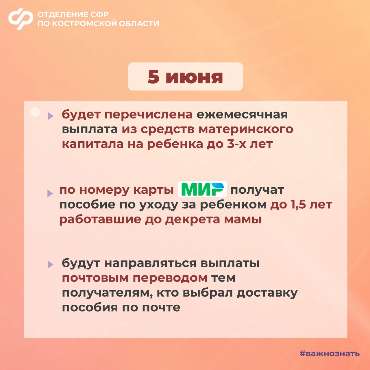 Костромской СФР озвучил график получения детских пособий