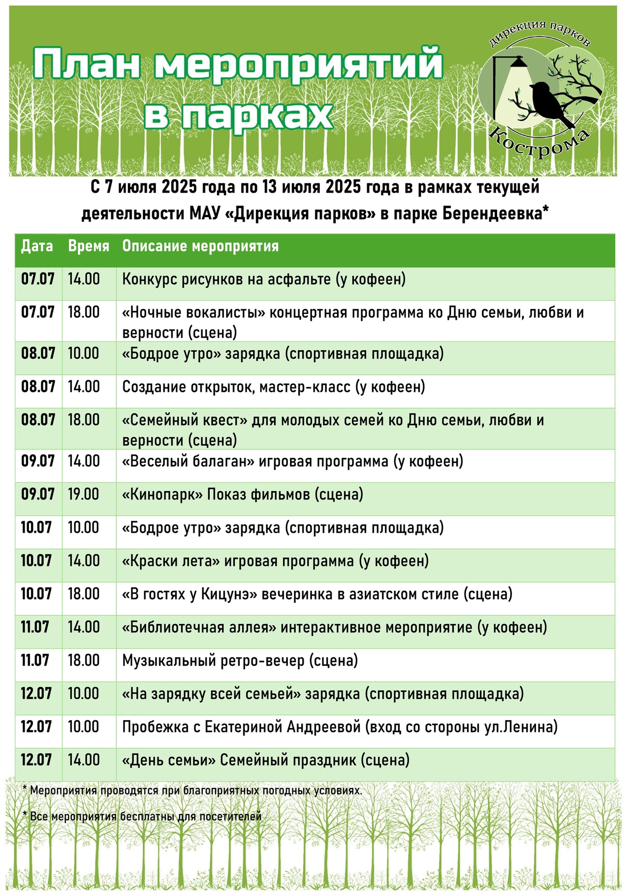 Кинопоказ и музыкальный мастер-класс: костромичей ждут в городских парках