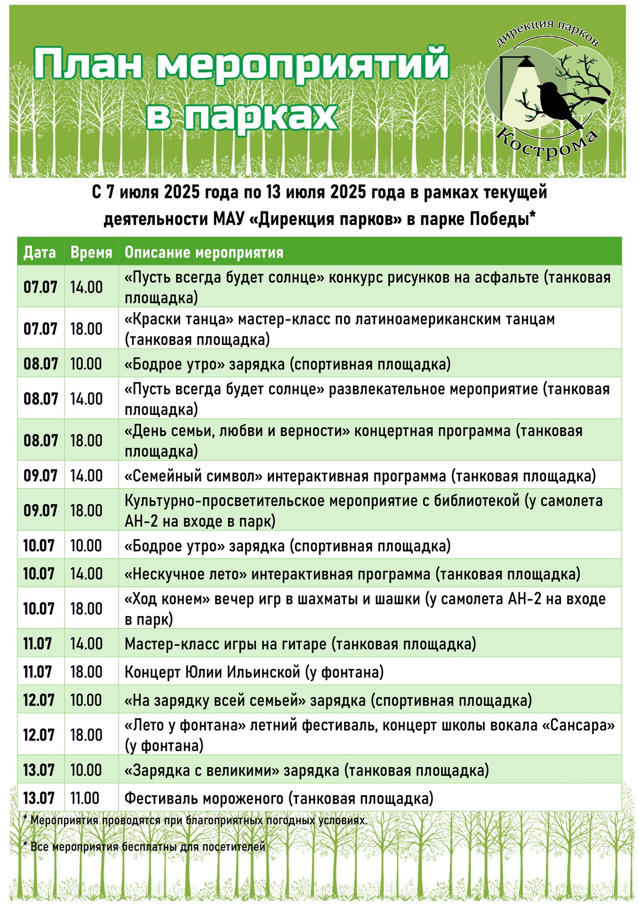 Кинопоказ и музыкальный мастер-класс: костромичей ждут в городских парках