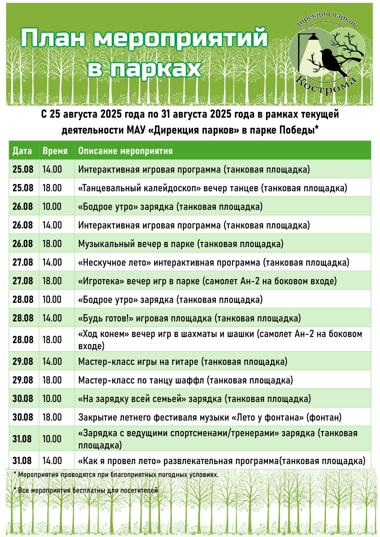 Игротека, бардовские песни и кинопоказы: как в костромских парках пройдет последняя неделя лета