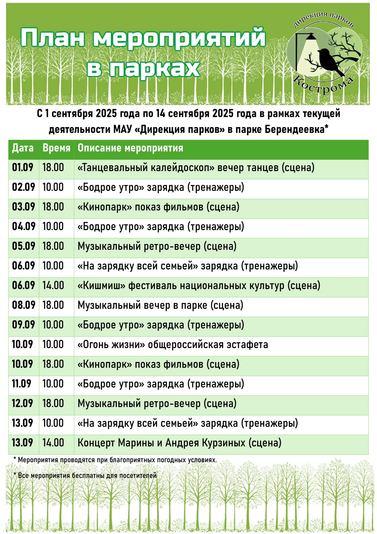 Бодрая зарядка и кинопоказ ждут костромичей в парках в будние дни