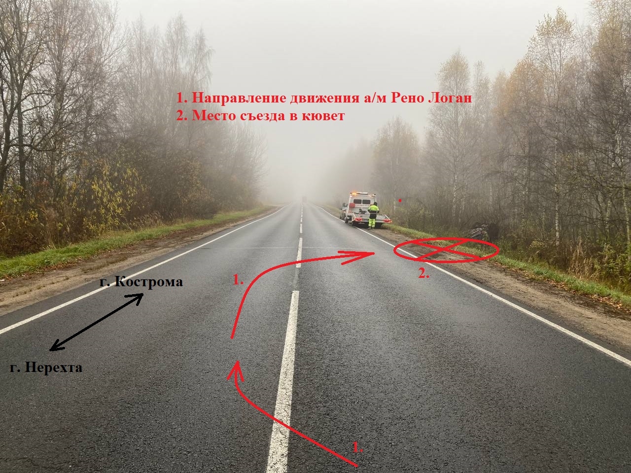 Под Костромой женщина улетела в кювет туманным утром