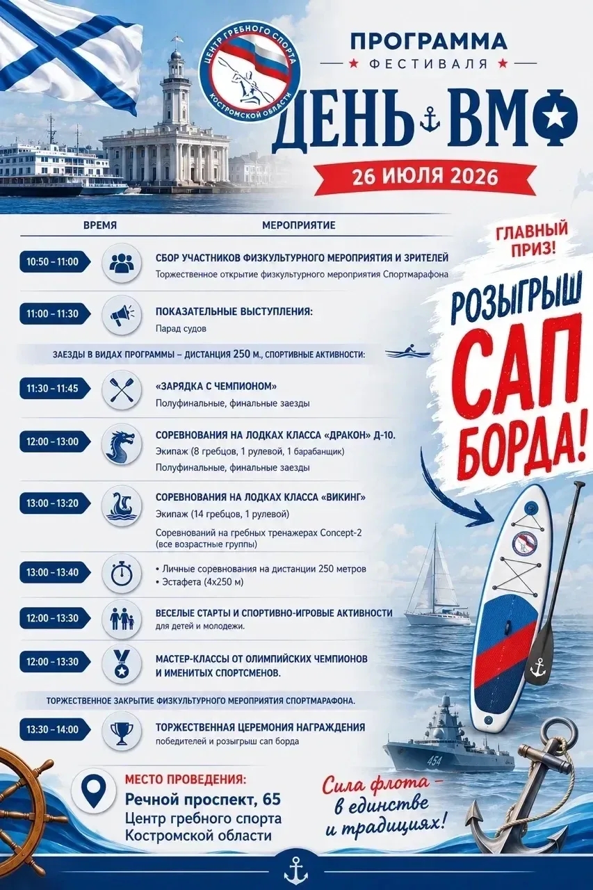 В Костроме в День ВМФ разыграют сапборд и устроят парад судов