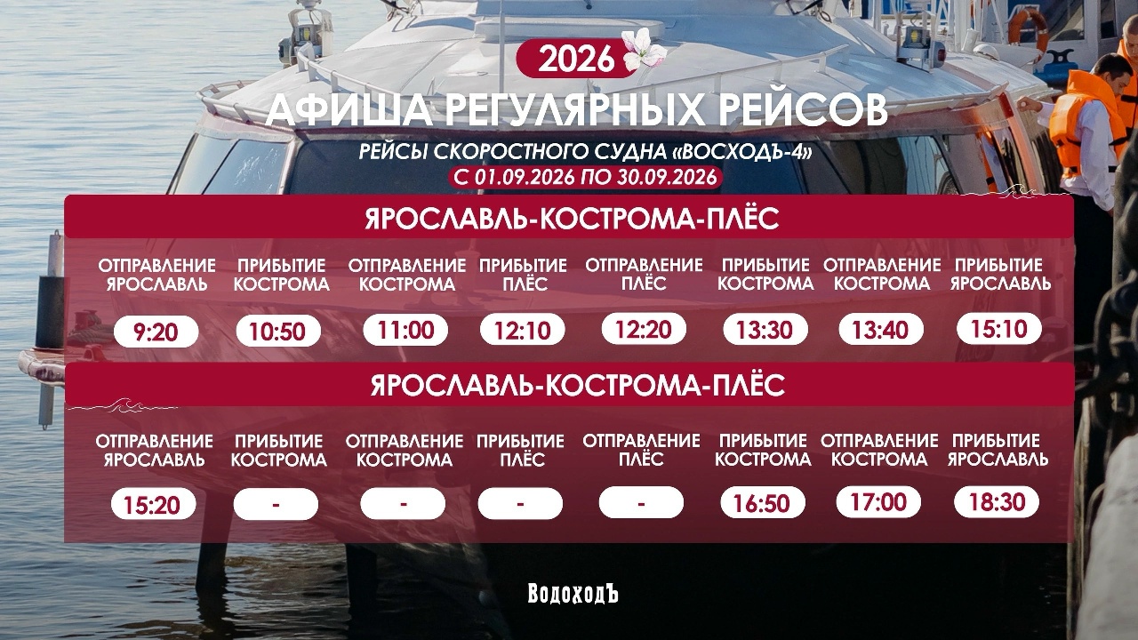 Появилось точное расписание рейсов «Восхода» между Костромой, Ярославлем и Плёсом